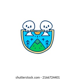 Skulls head with wild nature landscape, illustration for t-shirt, sticker, or apparel merchandise. With doodle, retro, and cartoon style.