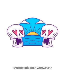 Skulls with heart eyes and sunset on the beach cartoon, illustration for t-shirt, sticker, or apparel merchandise. With modern pop style.