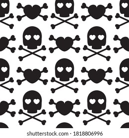 Skulls and hearts crossbones. Seamless pattern. black skull silhouette with hearts in your eyes. flat vector illustration. Gothic vector illustration, print.