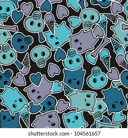 Skulls, and hearts on black background - seamless pattern.
