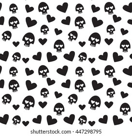 Skulls and hearts seamless pattern on a white background. Vector Illustration.