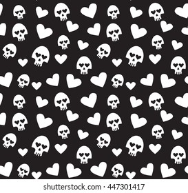 Skulls and hearts seamless pattern on a black background. Vector Illustration.
