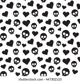 Skulls and hearts seamless pattern on a white background. Vector Illustration.