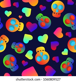Skulls and hearts shimmering on a dark background. Seamless pattern for textile, Wallpaper, background, holiday decoration in Mexico.