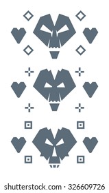 Skulls and hearts vertical pattern. Vector black and white artwork