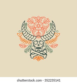 Skulls with horns. Vector linear abstract symbols and signs. Mystical and magical concepts. 