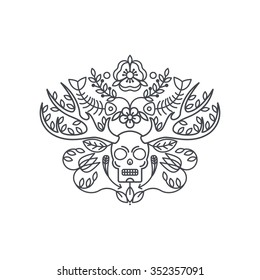 Skulls with horns. Vector linear abstract symbols and signs. Mystical and magical concepts. 