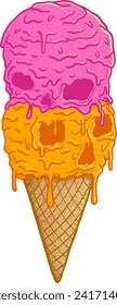 Skulls Ice Cream Sugar COne. Hand-drawn Illustration. Grunge style. Stippling.