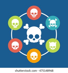 skulls icons, bones, devil, fiend, lover, smiling skull, vector illustration