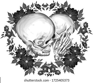 skulls kiss and flowers wreath love vector illustration