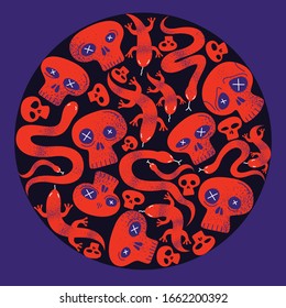 Skulls With Lizards And Snakes Round Composition In A Circle Vector Design Illustration, Death Sculls Horror And Fear Theme Concept, Hard Rock Subculture Style.