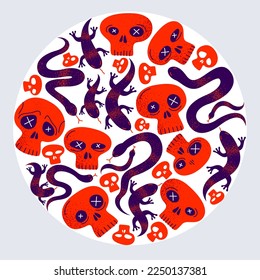 Skulls with lizards and snakes round composition in a circle vector design illustration, death sculls horror and fear theme concept, hard rock subculture style.