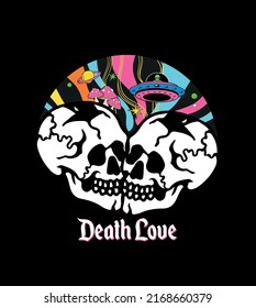 Skulls Love, Death Love, Space alien background with colors, stars and planets free vector