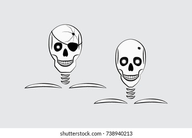 Skulls male and female with a bullet hole. Sketch for tattoo and for print. Design element for Halloween, Dead, Undead. Isolated image in grunge style. Color Vector illustration EPS8.