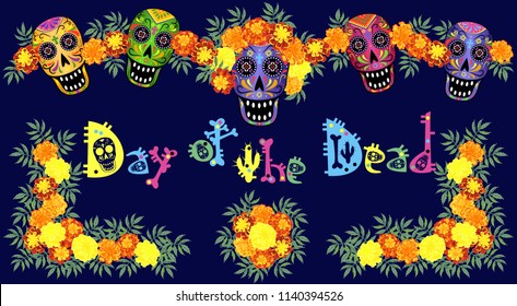 Skulls, marigold flowers and creative lettering for Day of the Dead (Dia de los Muertos) design, vector illustration.