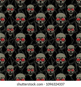 Skulls motif seamless graphic pattern design against black background.