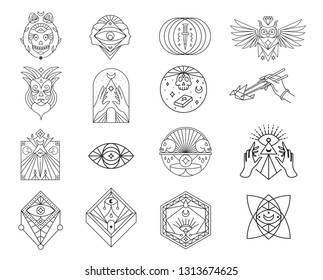 Calaveras, occulto, búho, ojo, máscara, conjunto de iconos de la línea de daga. Colección de símbolos, etiquetas geométricas y distintivos, ilustraciones del logotipo, signos de miedo pictogramas lineales aislados en fondo blanco.