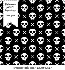 Skulls on black background halloween seamless pattern for Hallows Eve celebration. Perfect for print, textile, fabric, design. Cute and simple skull