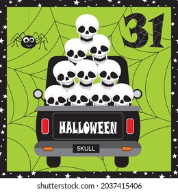 Skulls on the car for halloween greeting card