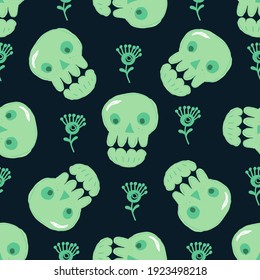 Skulls on a dark background.A pattern for the family holiday Halloween. For fabrics, wallpaper, textiles, backgrounds, packaging paper, postcards, stickers.