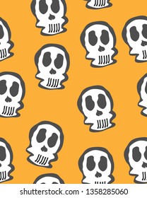 Skulls on orange background. Seamless pattern design. Vector illustration