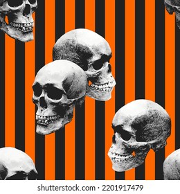 Schädel auf orangefarbenem schwarzem Hintergrund.Nahtloses Muster. Textur für Stoff, Umhüllung, Tapete. Dekorativer Ausdruck. Vektorgrafik von Halloween