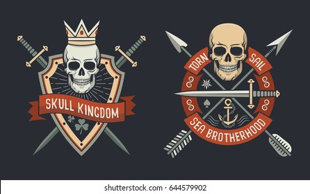 Skulls on shield logos of skull kingdom and sail brotherhood with arrows and swords crossed.  Vector illustration.