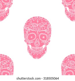 Skulls with ornament on white background.Seamless pattern background.