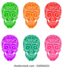 Skulls with ornament on white background.Seamless pattern background.Collection.Red,green,violet,orange.