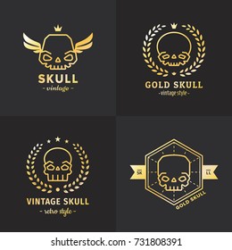 Skulls outline gold logo vector set. Vintage design. Part four.