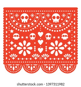 Skulls Papel Picado Vektordesign, mexikanisches Papier schneiden Muster - Dia de Los Muertos, Day of the Dead.
geometrische Orangendekoration Papel Picado, traditionelle Ornamente aus Mexiko - Halloween 