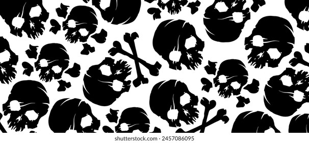 Skulls pattern on background. Backdrop for halloween cover. Illustration with skulls for the Halloween. Scary goth cover vector background.