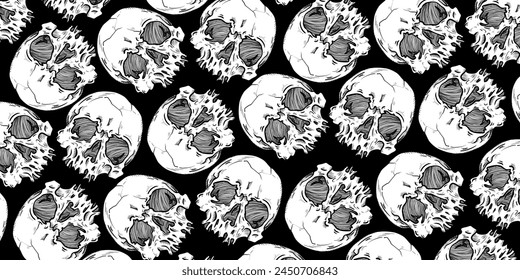 Skulls pattern on black background. Backdrop for halloween cover. Illustration with skulls for the Halloween. Scary goth cover vector background.