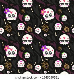 Skulls pattern, seamless, with ornaments of hearts and flowers.