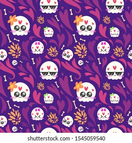 Skulls pattern, seamless, with ornaments of hearts and flowers. Pink 01