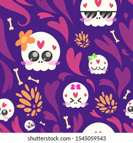 Skulls pattern, seamless, with ornaments of hearts and flowers. pink 02