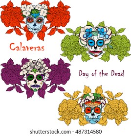 Skulls and peonies, Colorful Day of the Dead card. Calaveras design.