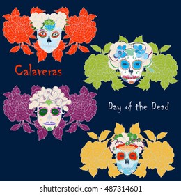 Skulls and peonies, Colorful Day of the Dead card. Calaveras design.