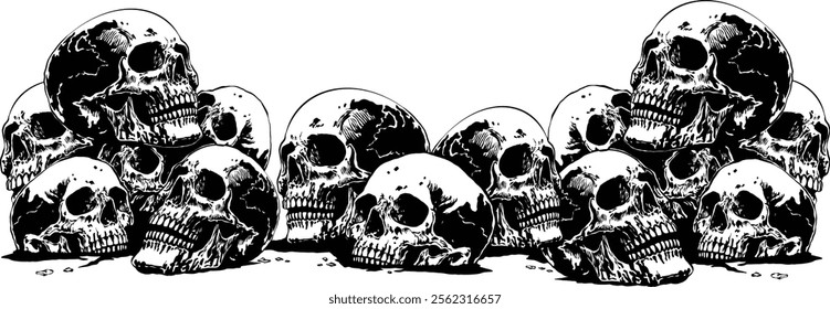 Skulls piled up in horrific places vector art background