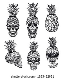 Calaveras con ilustraciones vectoriales de piña. Cabeza jugosa de esqueleto con gafas de sol. Concepto de frutas o defunciones para placas, emblemas o plantillas de tatuajes