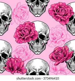 Skulls and pink roses on a pink  background.Vector seamless pattern