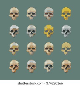 Skulls pixel multicolored. Vector set of stylized skull on a green background isolated.