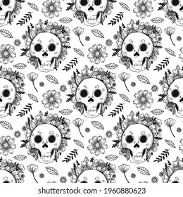 Skulls and plants with flowers vector seamless pattern. Great for label, print, wrapping, fabric. Seamless vector halloween pattern.