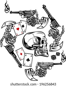 Skulls with playing cards and Guns. Vector illustrations.