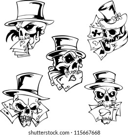 Skulls with playing cards. Set of vector illustrations.