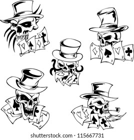 Skulls with playing cards. Set of vector illustrations.