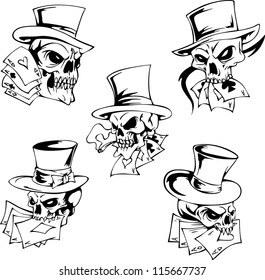 Skulls with playing cards. Set of vector illustrations.