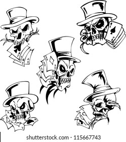 Skulls with playing cards. Set of vector illustrations.