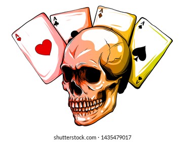 Skulls with playing cards. Set of vector illustrations.