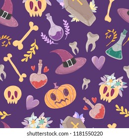 Skulls, potions, witch hats, flowers and pumpkins on a purple background. Halloween seamless pattern